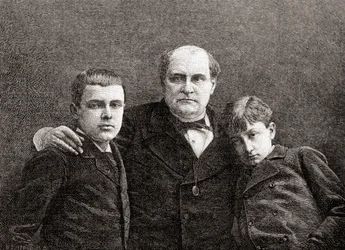 Prins Napoléon Bonaparte med sina två söner Victor och Louis, från The Century Illustrated Monthly Magazine, publicerad 1884 (trästick)